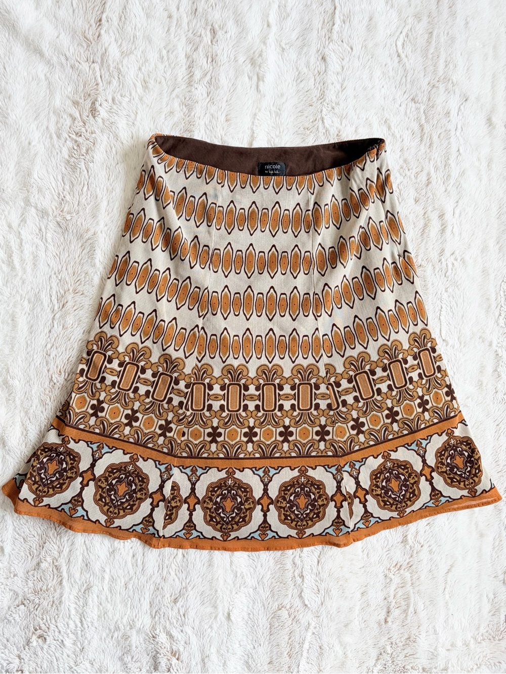 Vintage Y2K Nicole Miller Boho A-Line Midi Skirt 70s Mod Retro Print Fall Euro